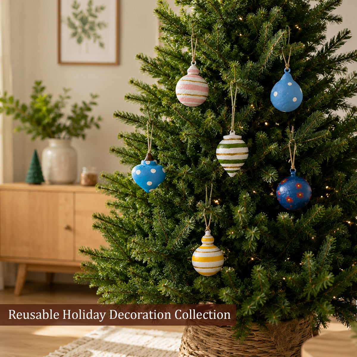 Reusable handmade holiday ornament collection on Christmas tree
