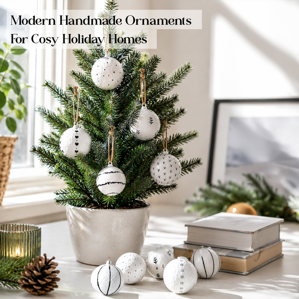 Handmade monochrome paper mache ornaments styled on a small Christmas tree