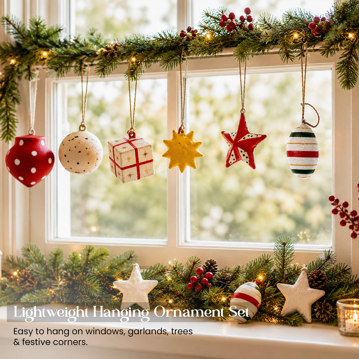 Nine handmade paper mache Christmas ornaments hanging from window garland with pine and red berries