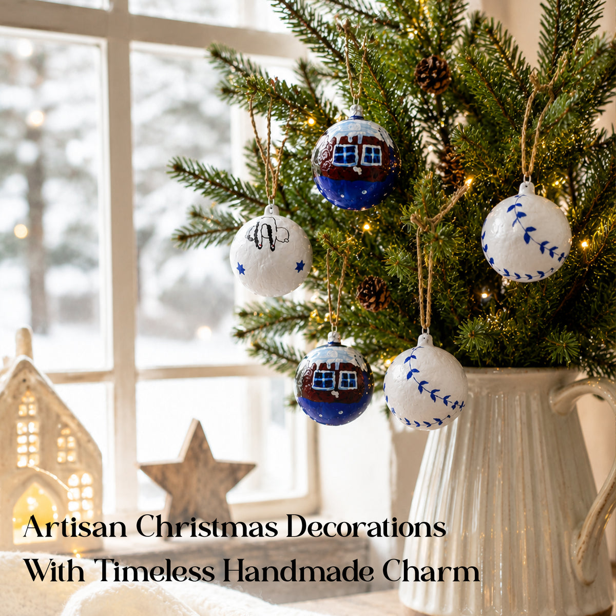 Artisan Christmas baubles hanging near a window in a cosy winter home setting