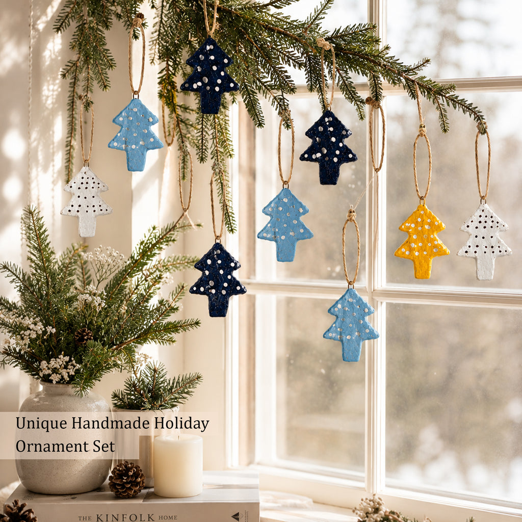 Handmade Paper Mache Christmas Tree Ornaments Set of 12 | Colorful