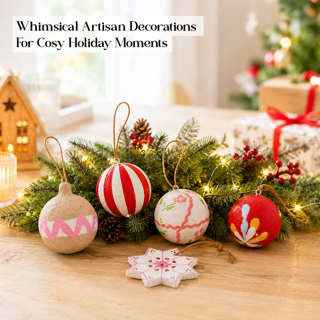 Whimsical folk art Christmas baubles set on wooden table with festive décor
