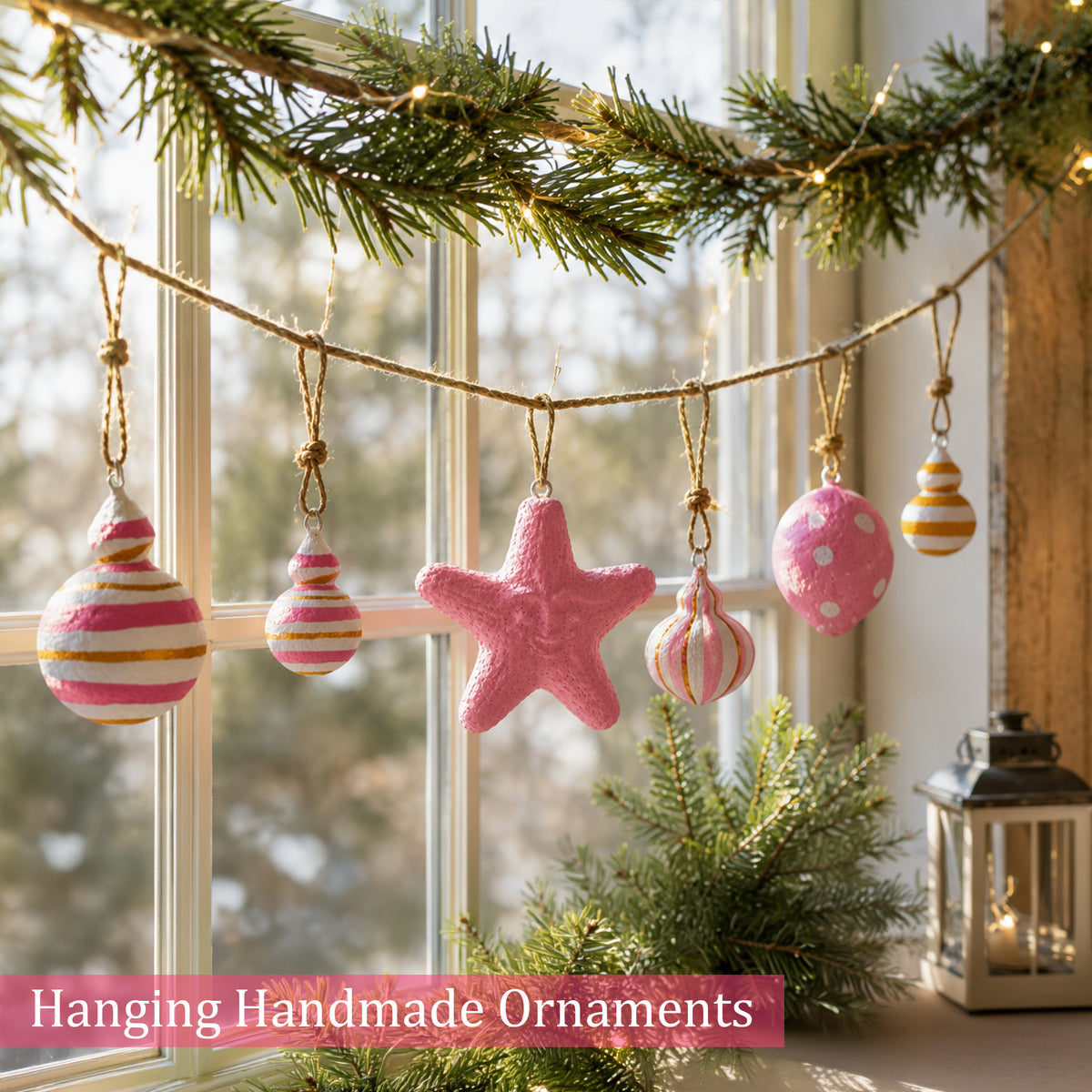 Handmade pink Christmas ornaments hanging by a window with jute loops