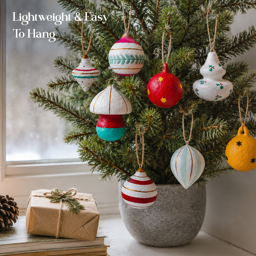 Lightweight handmade Christmas ornaments displayed on a festive tree indoors