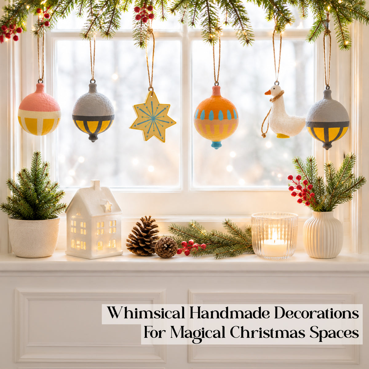 Six handmade Christmas ornaments hanging from pine garland above mantelpiece – whimsical Scandi folk art baubles with goose and star, Aala India
