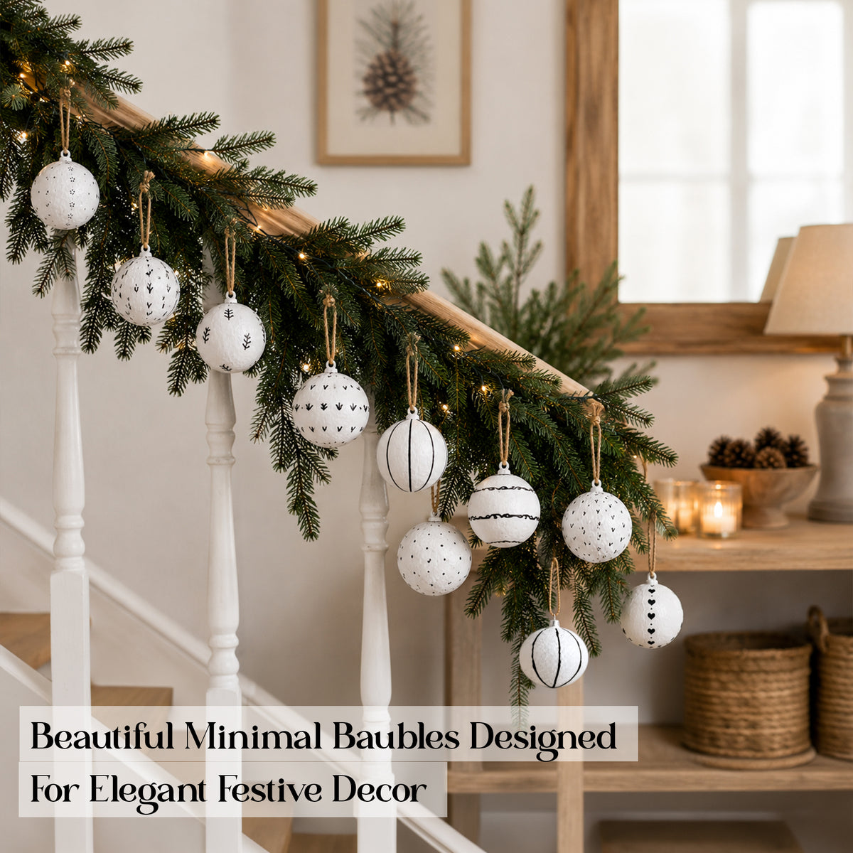 Scandinavian paper mache baubles hanging on a staircase garland