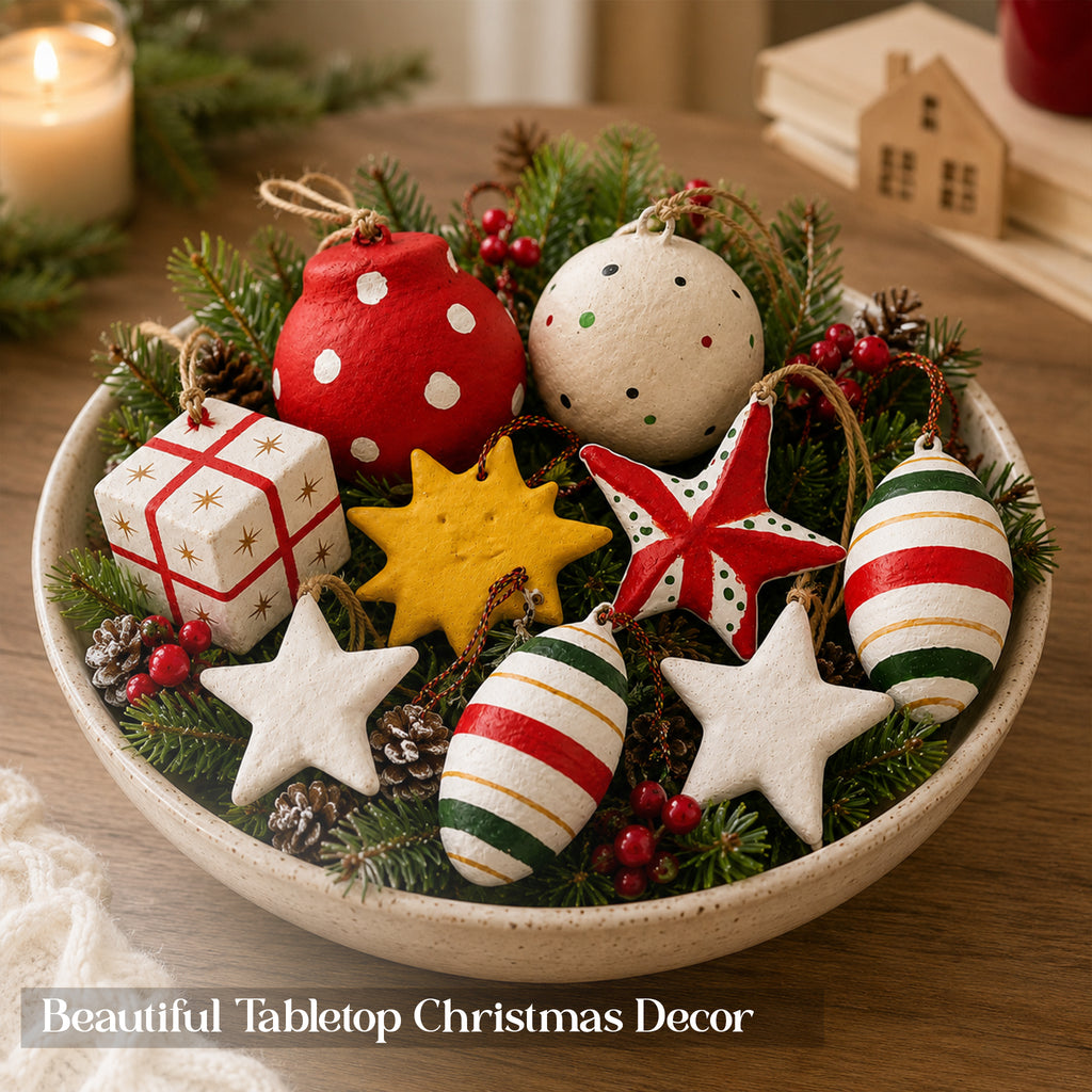 Handmade paper mache Christmas ornament set styled as tabletop centrepiece in ceramic bowl with pine cones berries