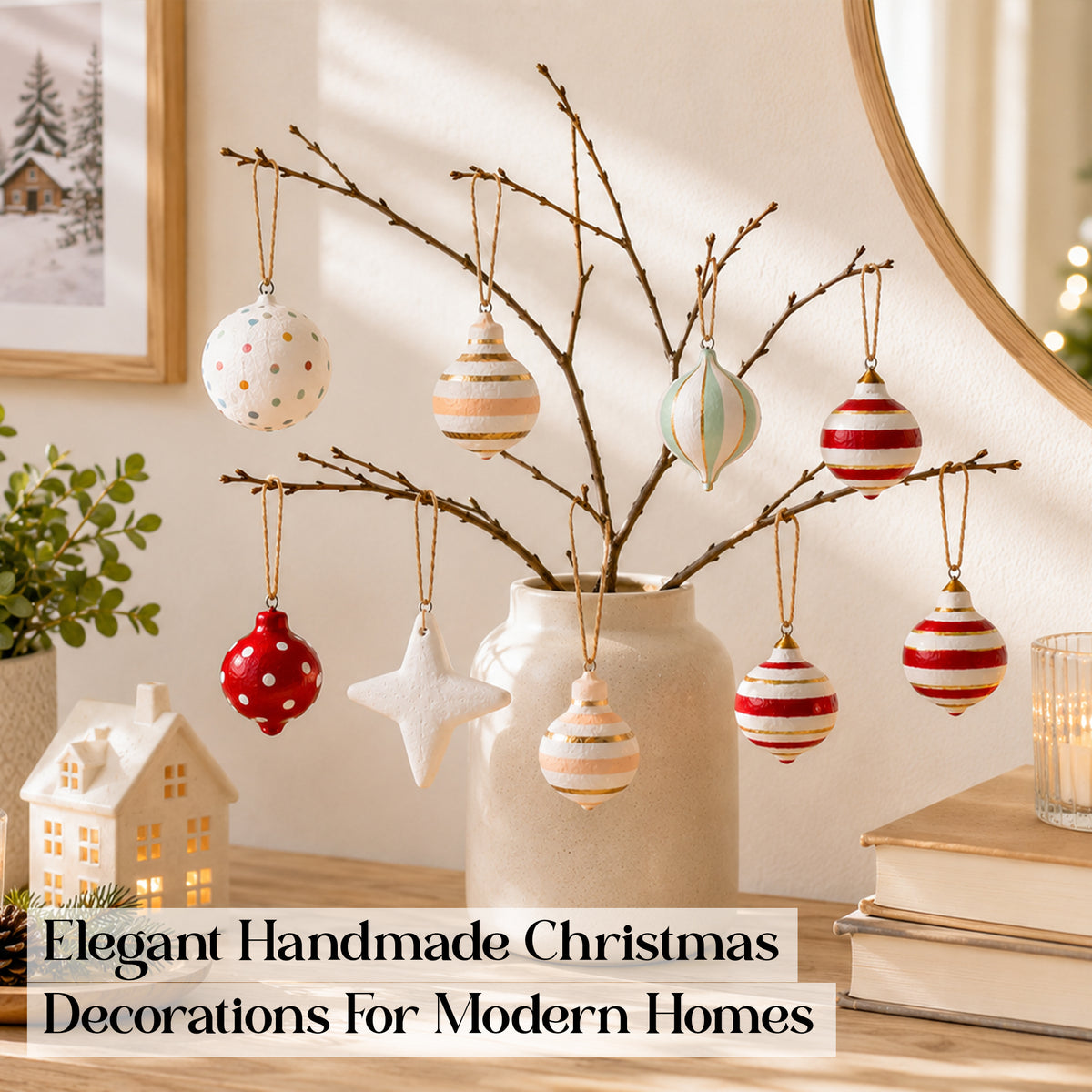Handmade Christmas decorations hanging from branches in a modern festive home