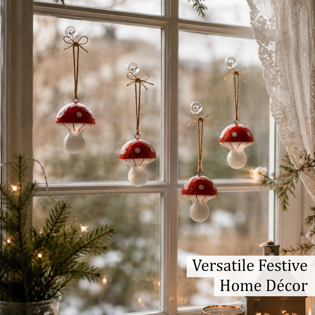 Handmade Paper Mâché Mushroom Christmas Ornaments – Set of 4