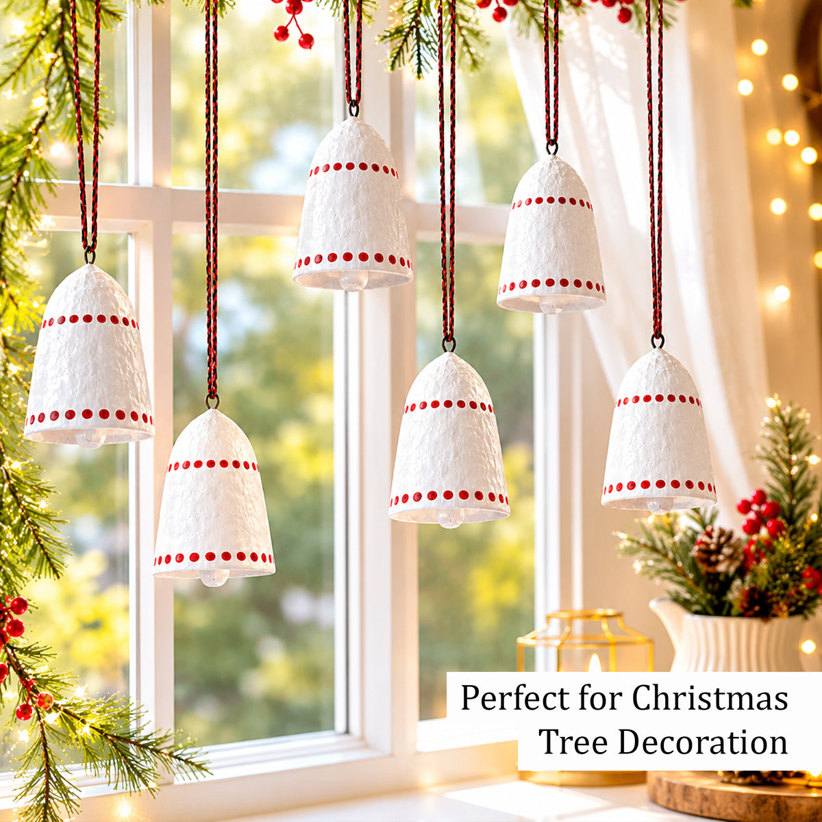 Handmade Paper Mâché Christmas Bell Ornaments – Set of 6