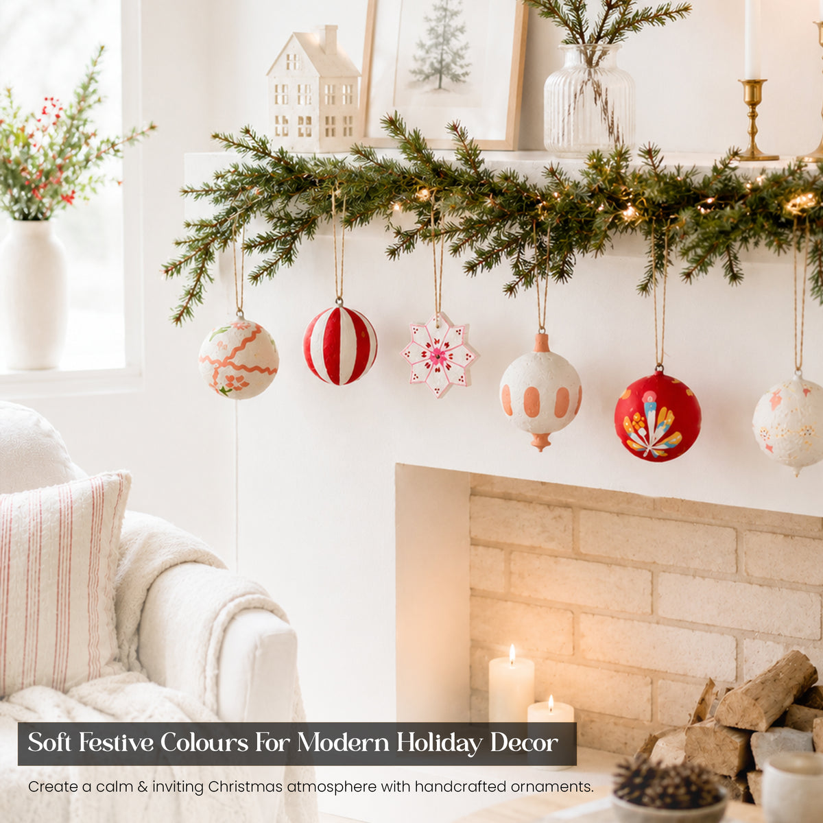 Hand-painted red and white paper mache Christmas baubles hanging from pine garland on fireplace mantel with candles