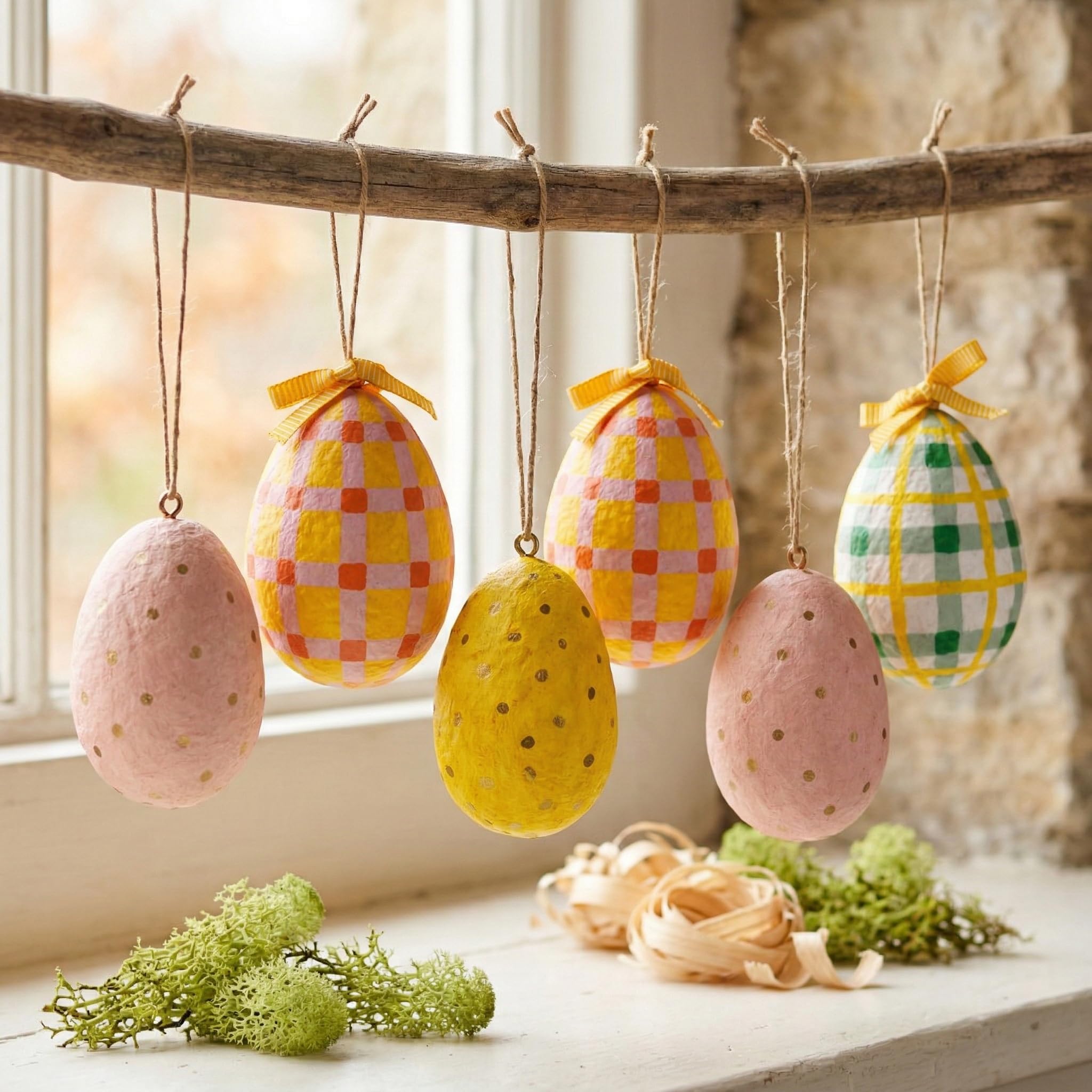 Handcrafted Paper Mache Hanging Easter Egg Decorations – Set of 6 Colourful Pastel Easter Tree Ornaments for Spring Home Décor, Easter Table Centrepiece & Seasonal Decoration (8 cm)