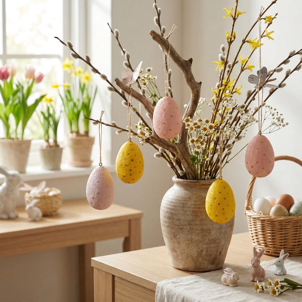Handmade Paper Mâché Easter Egg Hanging Decorations – Pastel Speckled Easter Tree Ornaments for Spring & Easter Home Décor (Set of 6, 8cm)