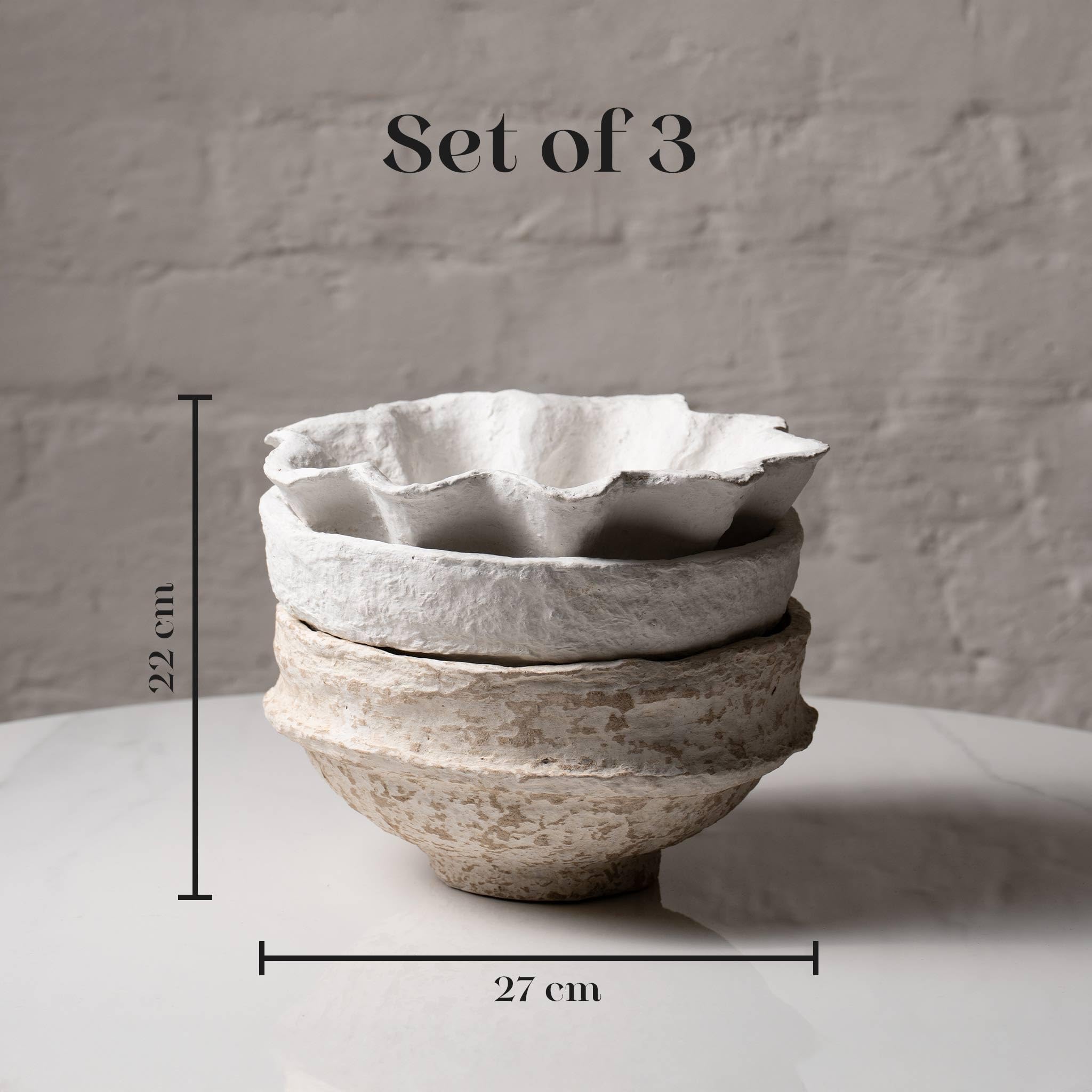 Handcrafted Paper Mache Decorative Bowl Set of 3 – Rustic Textured Nesting Bowls for Home Décor, Coffee Table Centrepiece, Storage & Potpourri Display, Neutral Minimalist Design