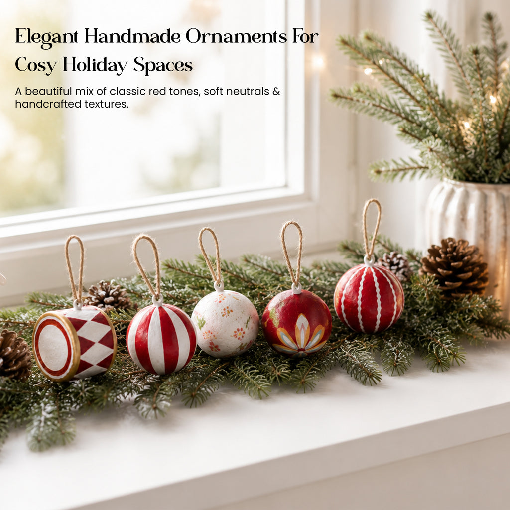 Artisan Christmas tree decorations on windowsill with pine branches – set of 6 red and white ornaments