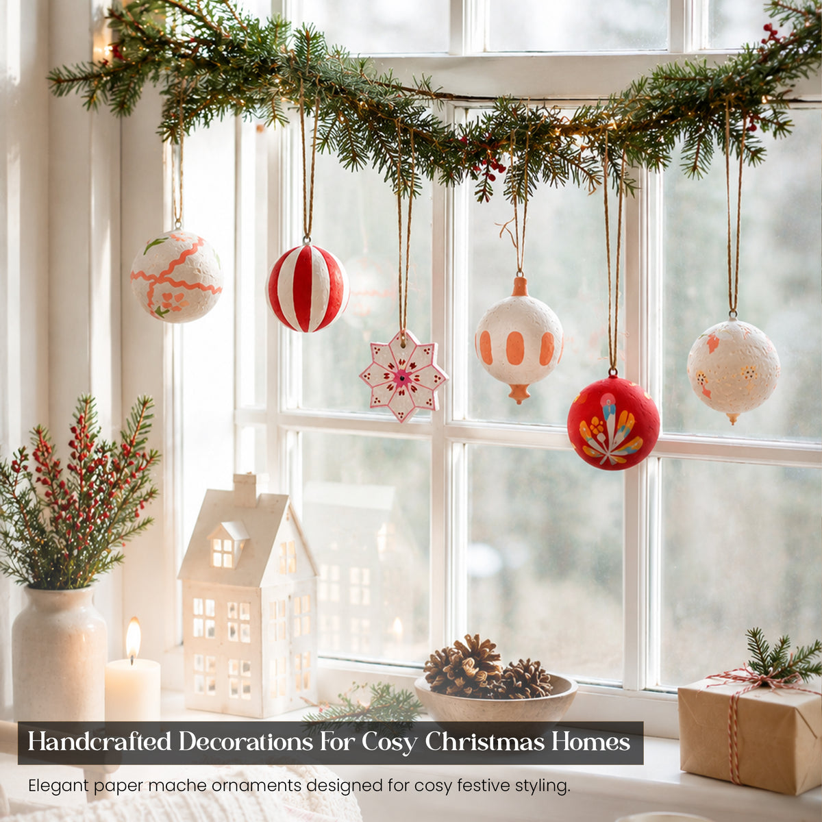 Folk art red and white paper mache Christmas baubles hanging from window garland with pine cones and ceramic houses