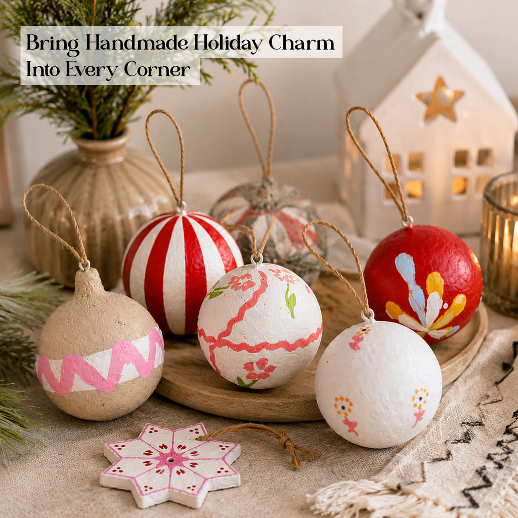 Handmade Christmas ornaments set on rustic tray — bring handmade holiday charm UK
