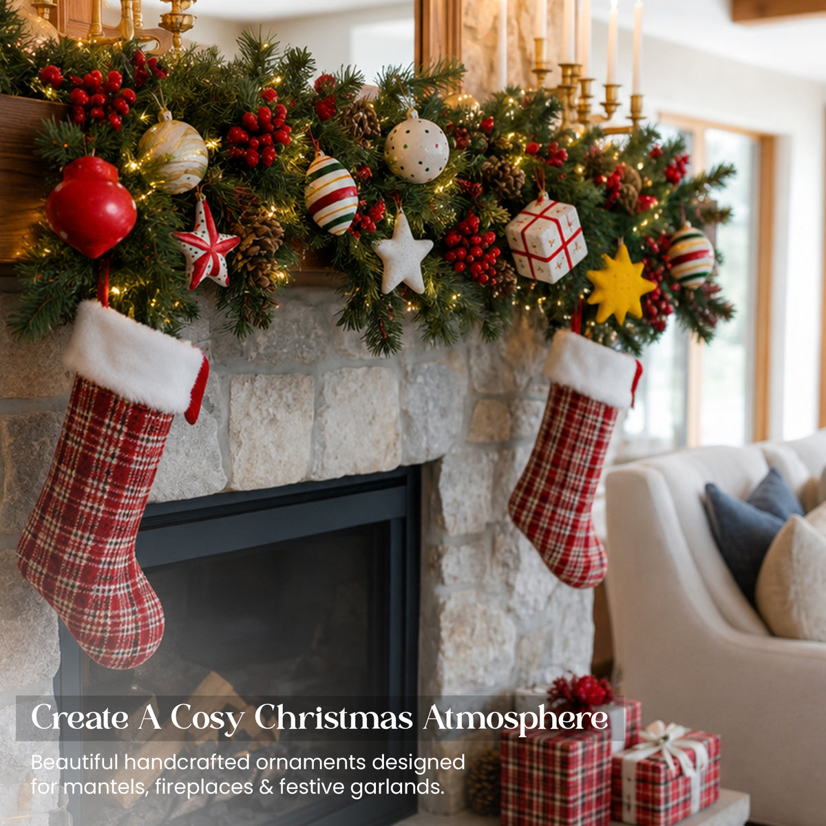 Handmade paper mache Christmas ornament set in festive mantelpiece garland with stockings stone fireplace