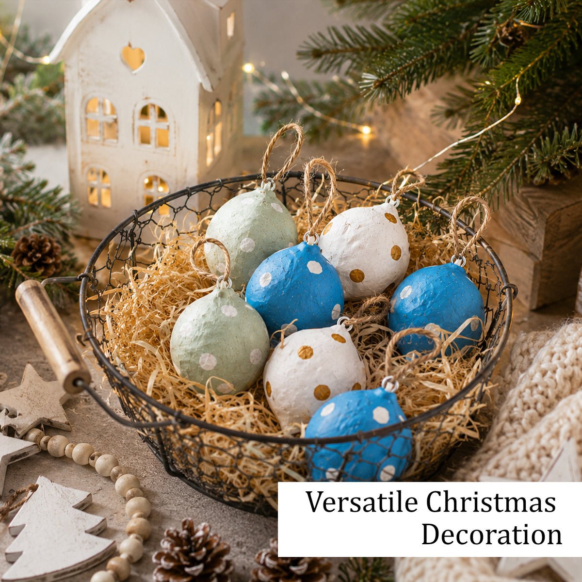 Handmade paper mache Christmas ornaments displayed in festive basket