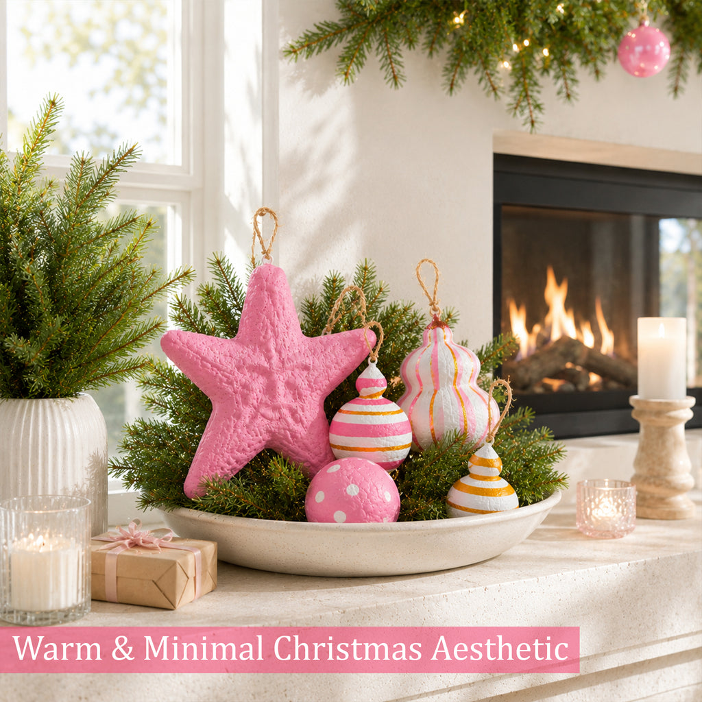 Pink paper mache Christmas ornaments styled in a warm festive bowl display