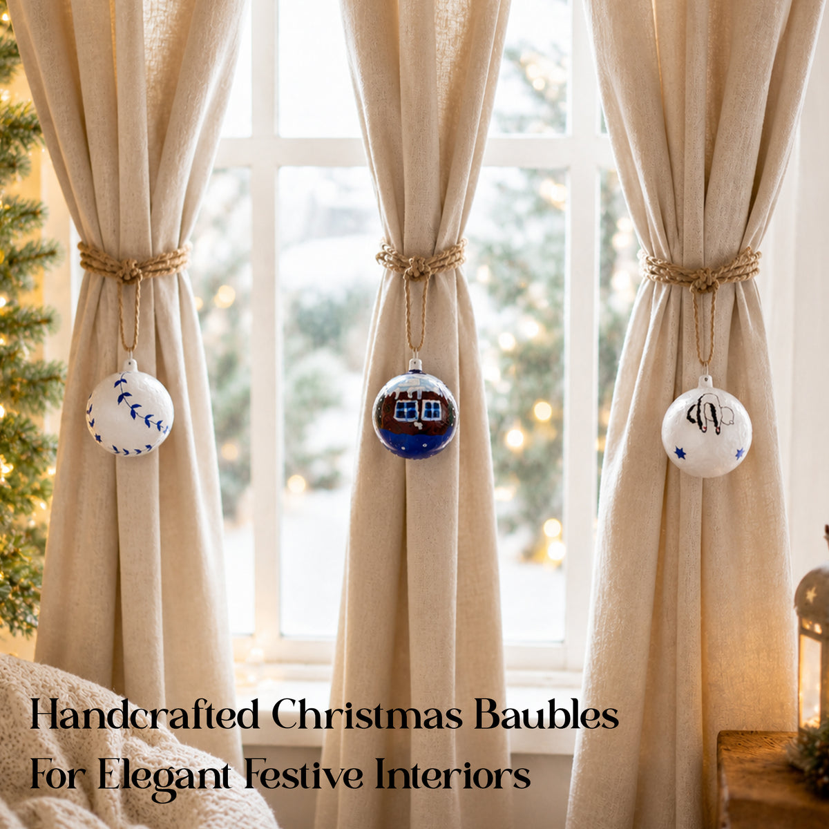 Blue and white paper mache baubles used as elegant window Christmas decorations