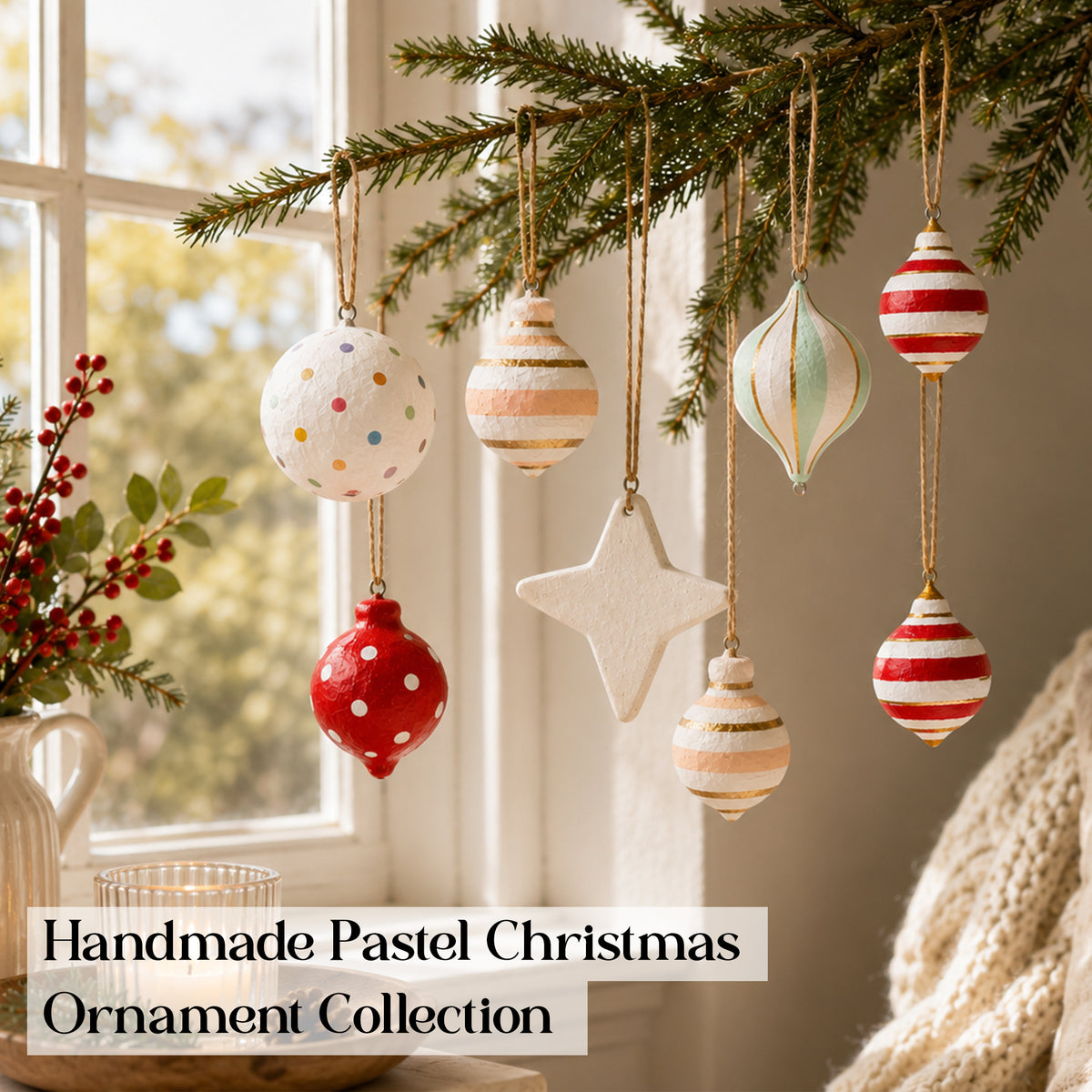 Candy stripe and pastel Christmas baubles hanging near a window