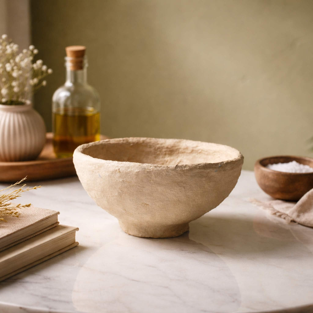 Set of 3 Handmade Paper Mache Decorative Bowls – Rustic Natural Textured Bowl Set for Home Décor, Coffee Table Centrepiece, Potpourri & Fruit Bowl, Boho Scandinavian Style Decorative Bowl Set