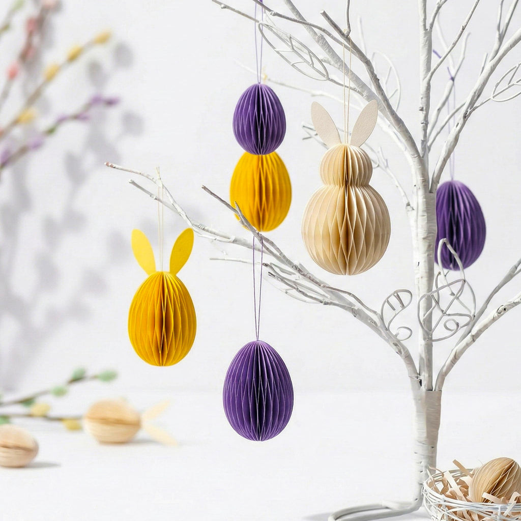 Easter Honeycomb Bunny Decorations Set – Foldable 3D Paper Rabbit Ornaments with Magnetic Closure, Pastel Hanging Easter Eggs & Bunnies for Spring Home Décor, Easter Tree, Table Centrepiece.