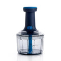 Ganesh Bingo push chopper on white: navy plunger with a blue cap and slider, smoked see-through bowl, blue blade shaft
