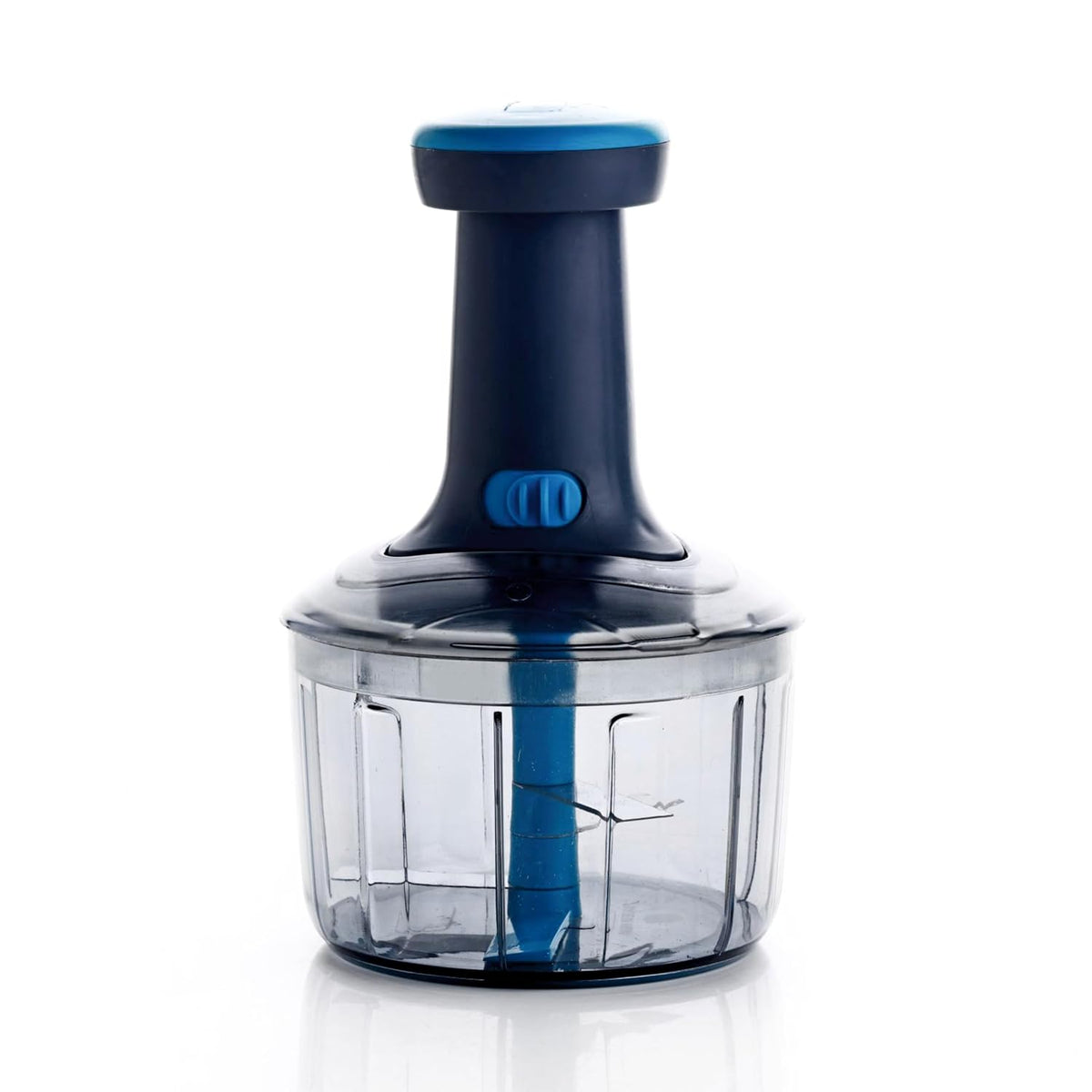 Ganesh Bingo push chopper on white: navy plunger with a blue cap and slider, smoked see-through bowl, blue blade shaft