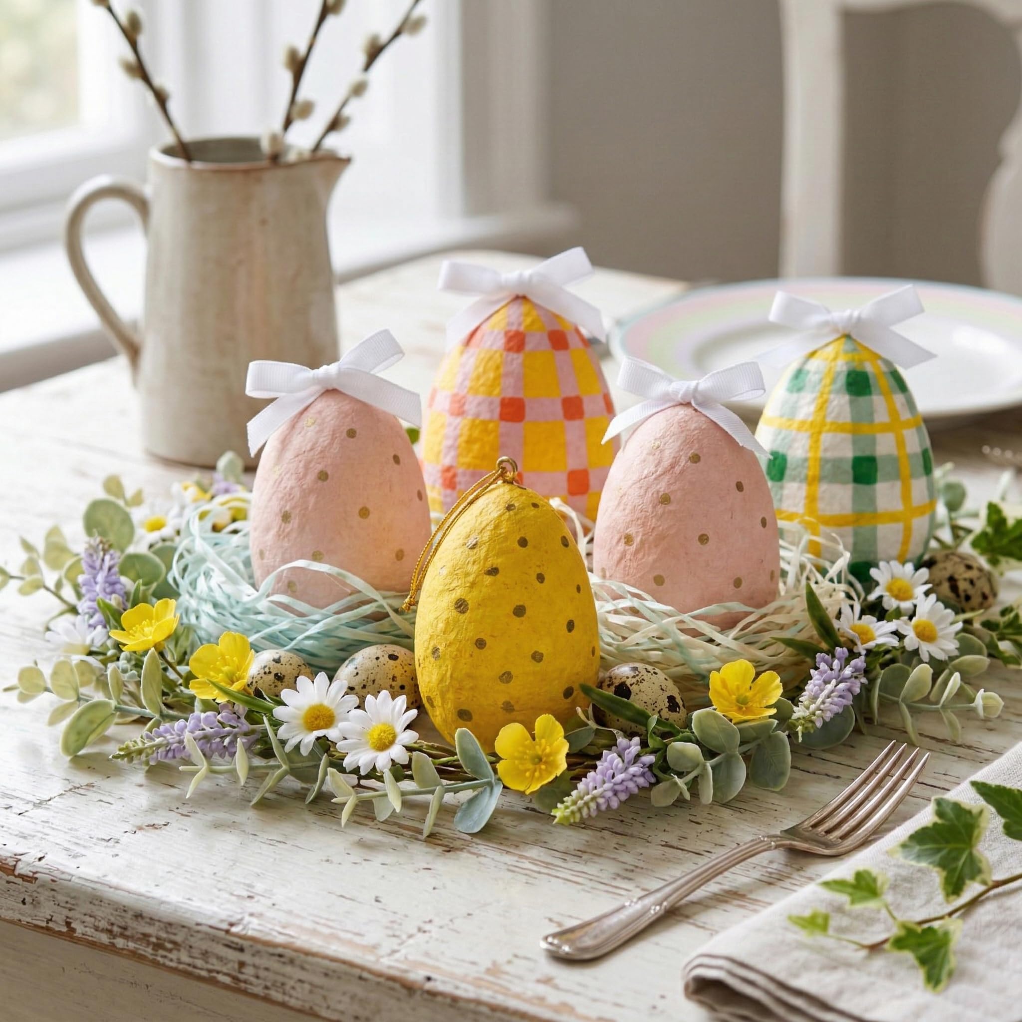 Handcrafted Paper Mache Hanging Easter Egg Decorations – Set of 6 Colourful Pastel Easter Tree Ornaments for Spring Home Décor, Easter Table Centrepiece & Seasonal Decoration (8 cm)