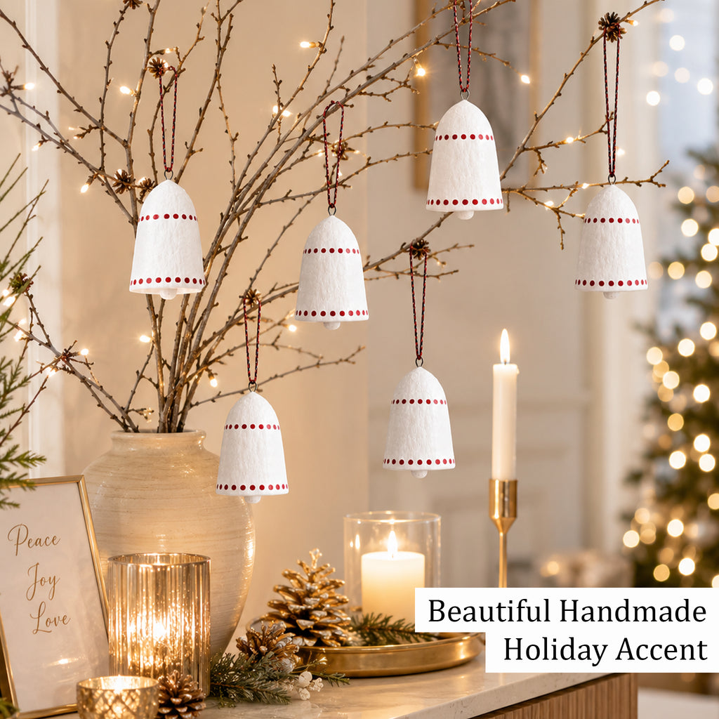 Handmade Paper Mâché Christmas Bell Ornaments – Set of 6