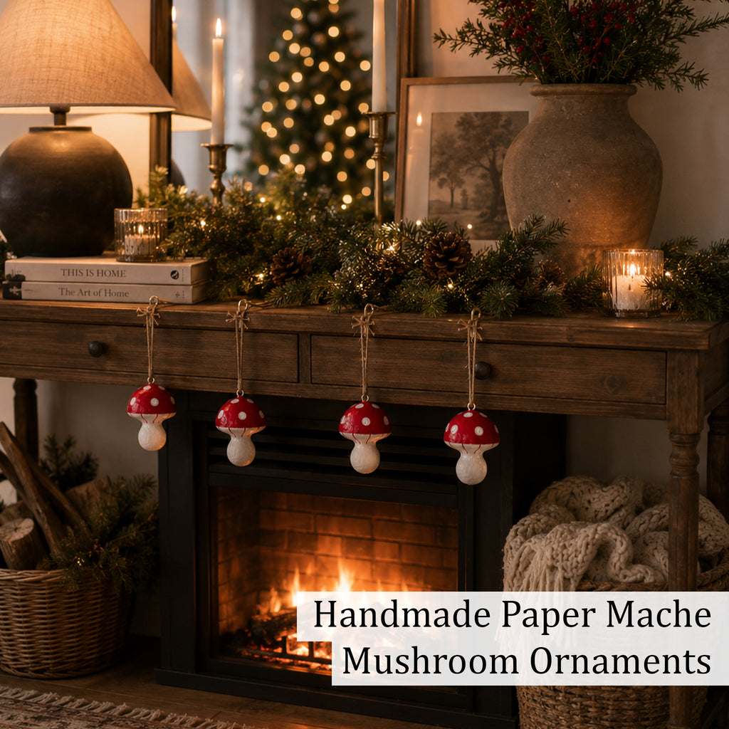 Handmade Paper Mâché Mushroom Christmas Ornaments – Set of 4