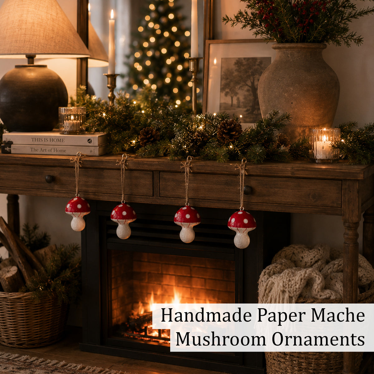 Handmade Paper Mâché Mushroom Christmas Ornaments – Set of 4
