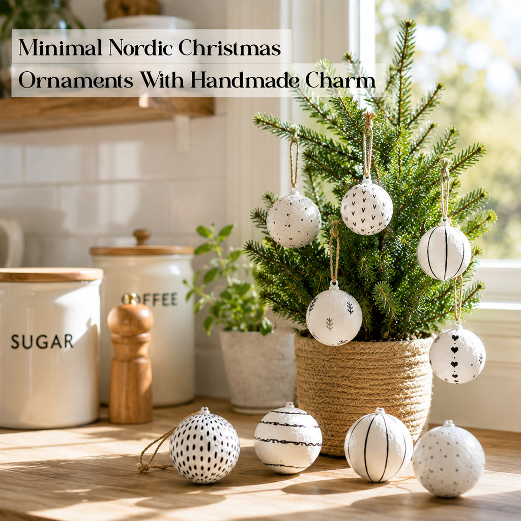 Black and white handmade Christmas ornaments styled on a kitchen mini tree