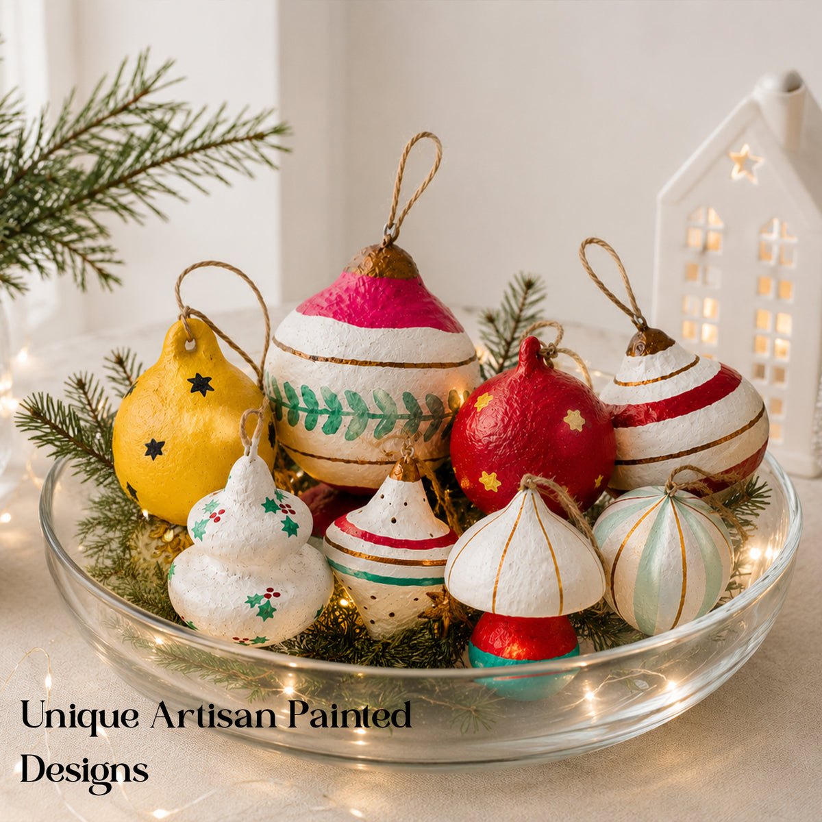 Unique artisan painted paper mache ornaments arranged in a glass bowl with greenery