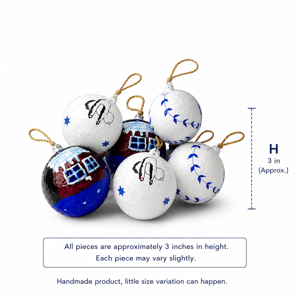 Approx 3 inch handmade paper mache bauble set with size guide