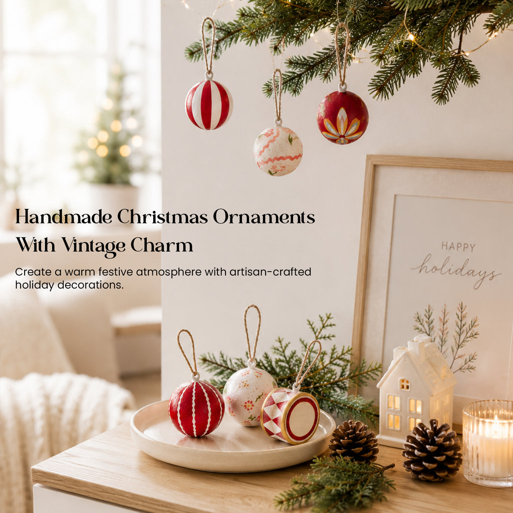 Handmade Christmas ornaments displayed on wooden shelf and hanging from pine branch – vintage charm red white papier mâché baubles, Aala India
