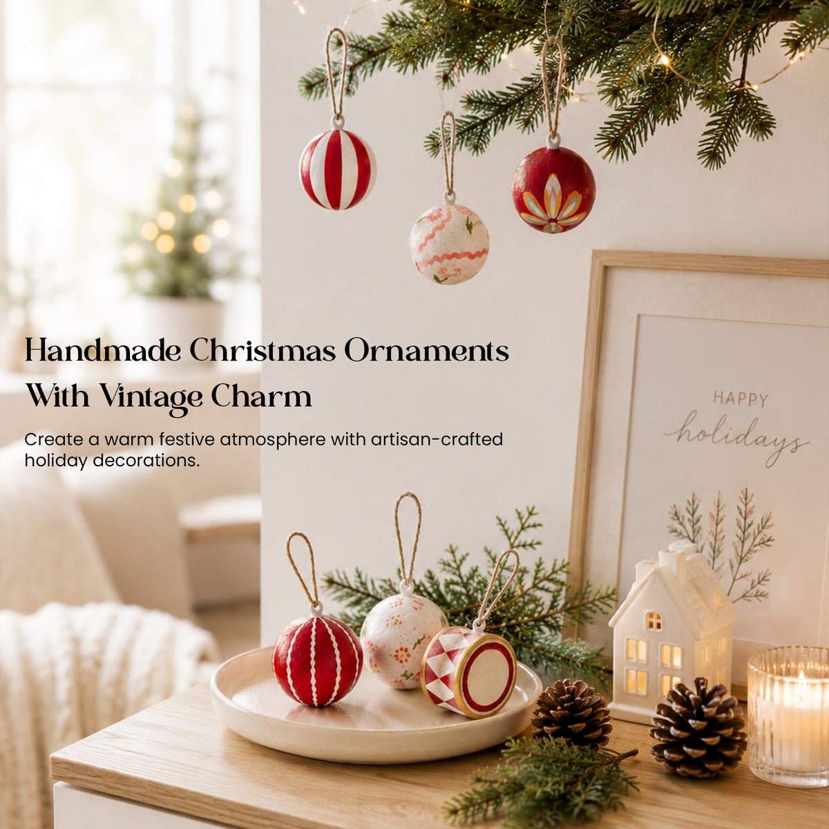 Handmade Christmas ornaments displayed on wooden shelf and hanging from pine branch – vintage charm red white papier mâché baubles, Aala India