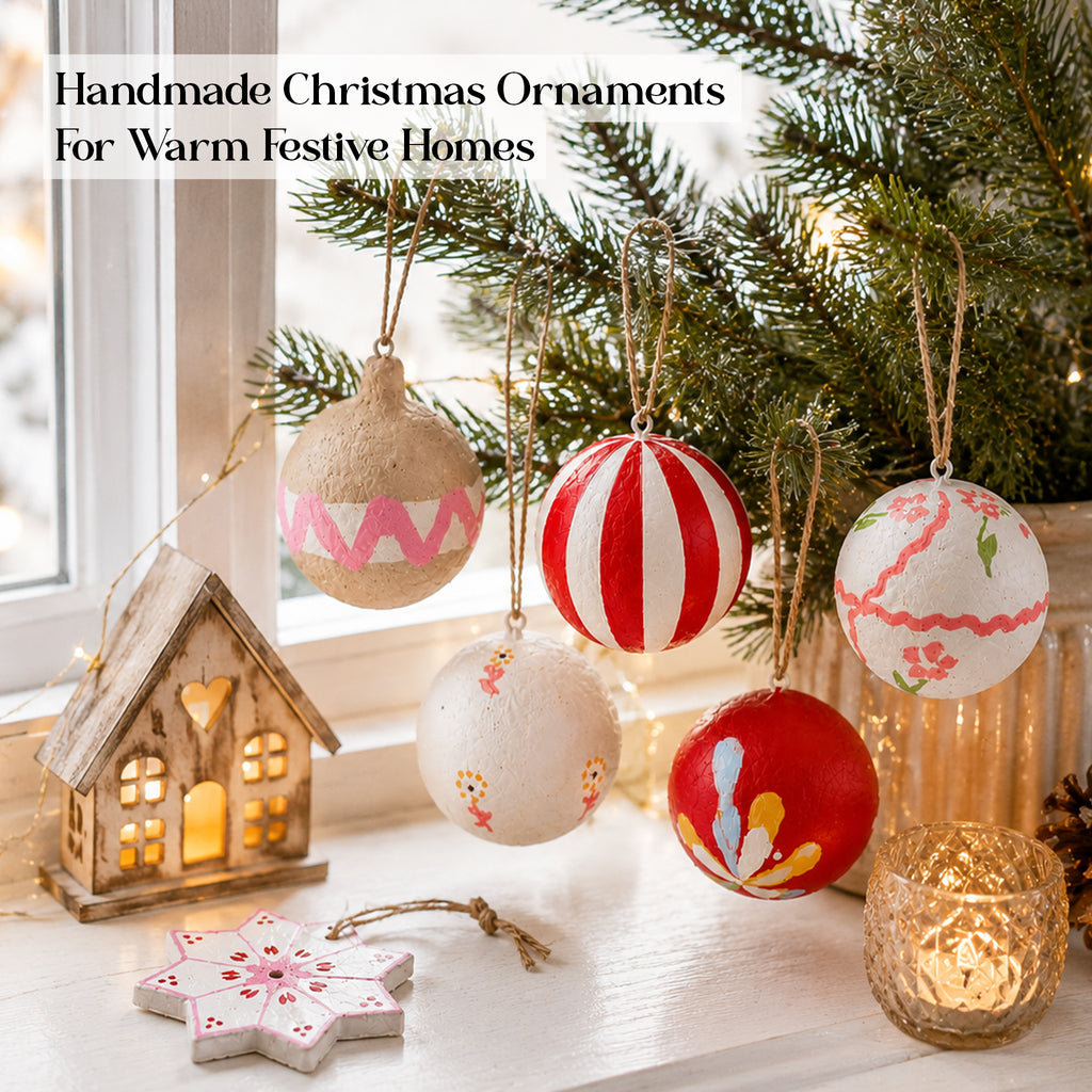 Paper mâché Christmas ornament set with star pendant on winter window display
