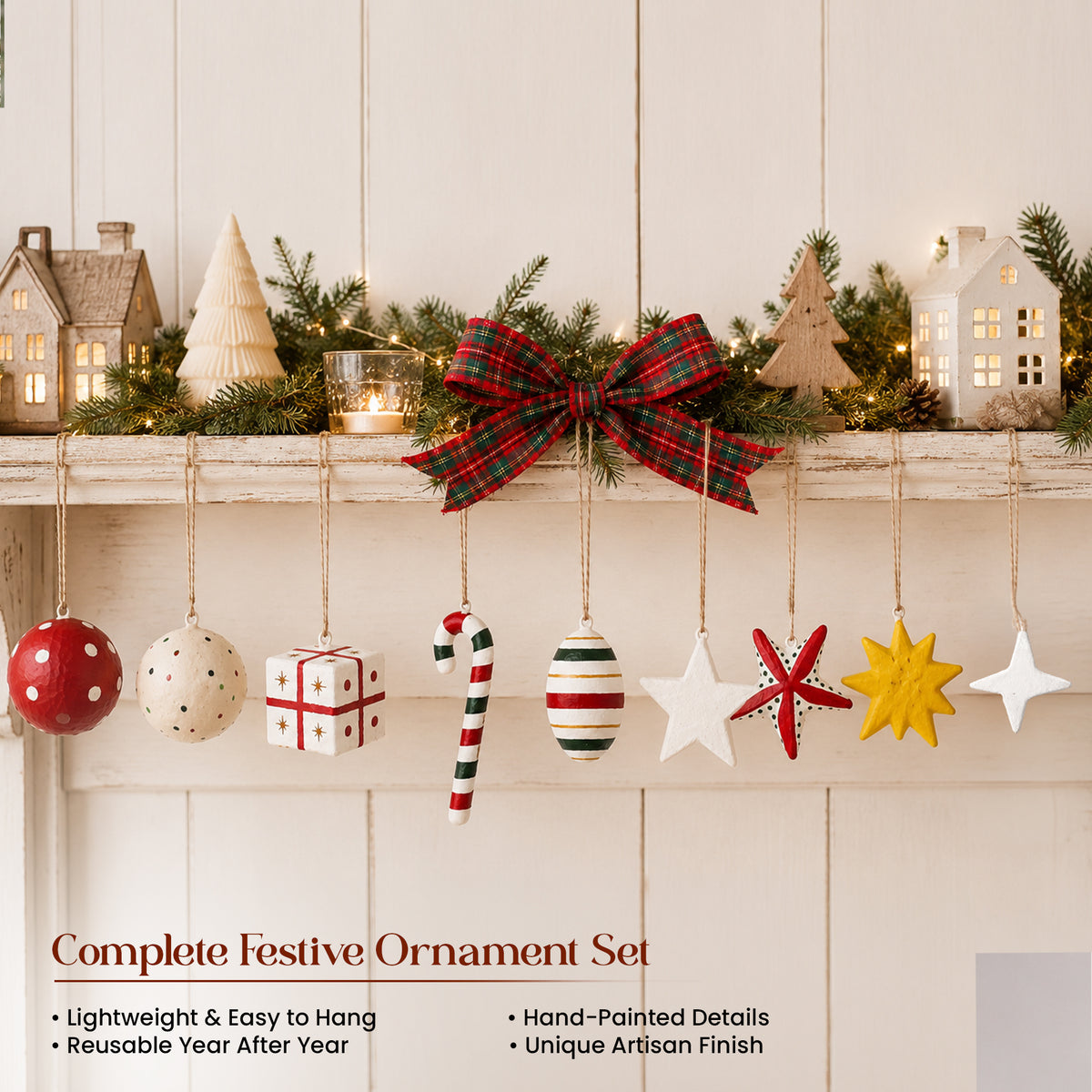Complete set of 9 paper mache Christmas ornaments hanging from mantelpiece farmhouse Christmas decor UK