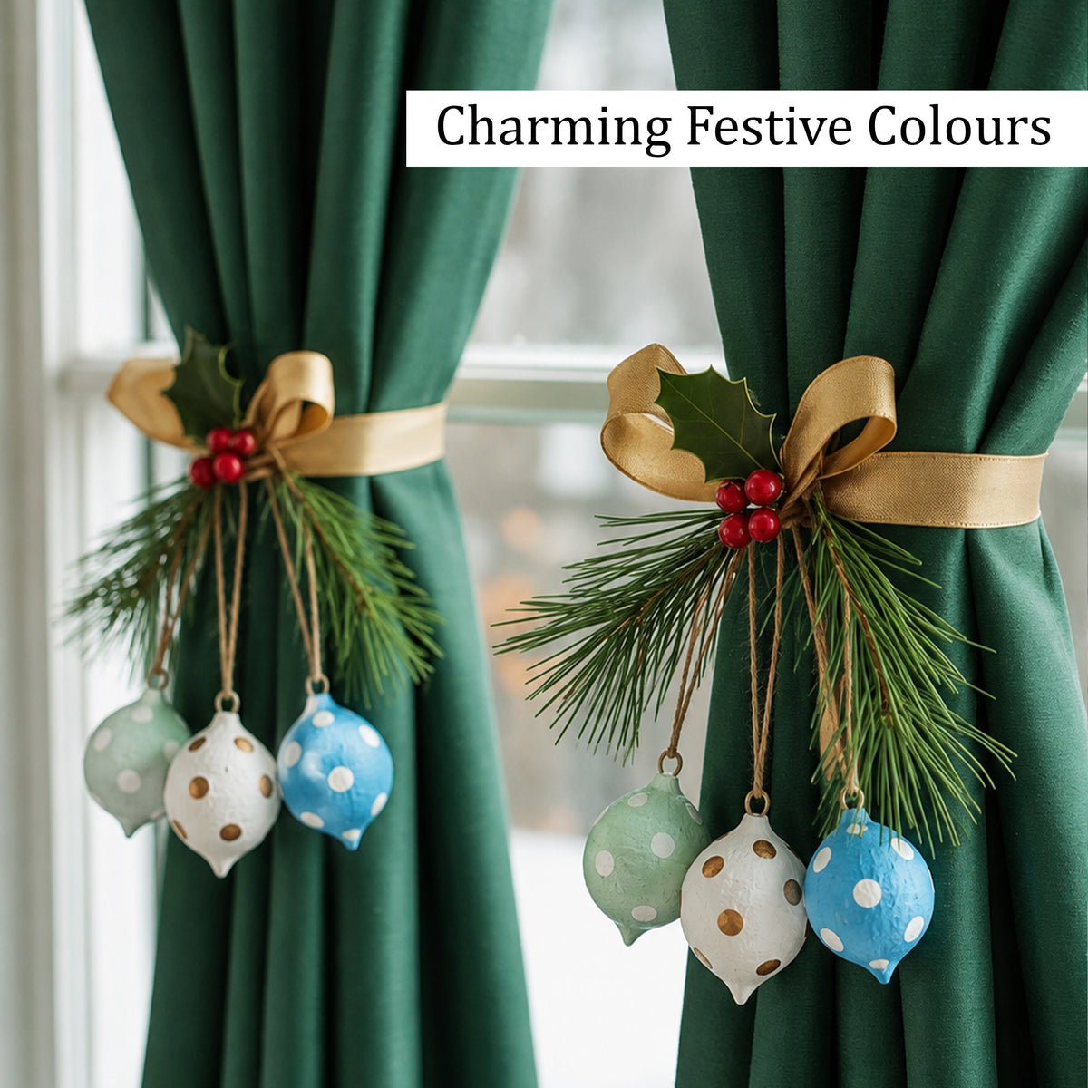 Colourful handmade baubles used as charming festive curtain decorations