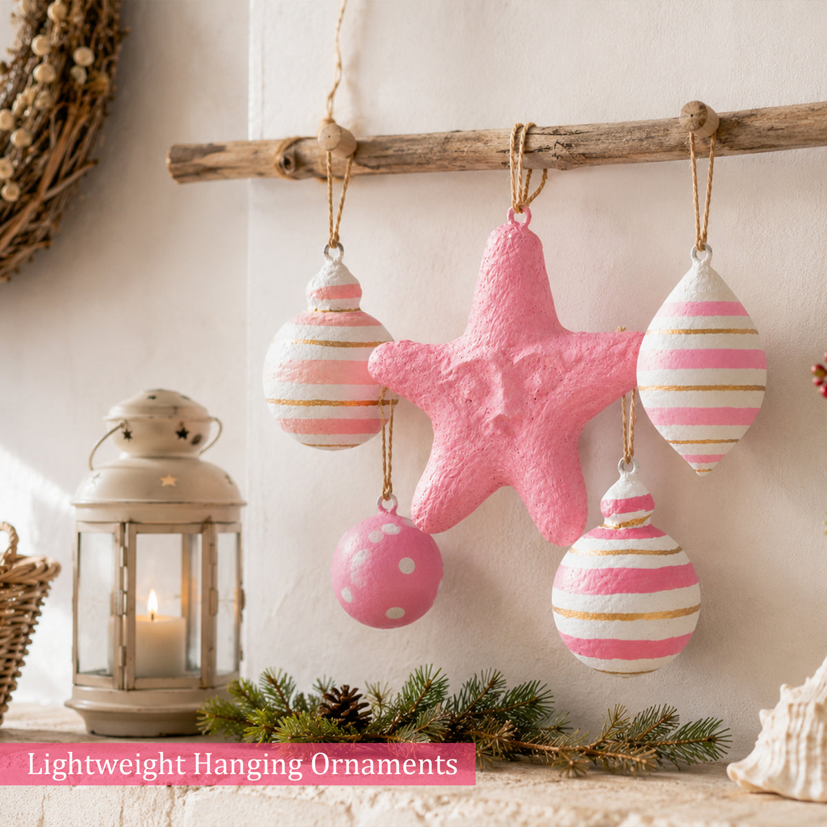 Lightweight handmade hanging ornaments in pink and white