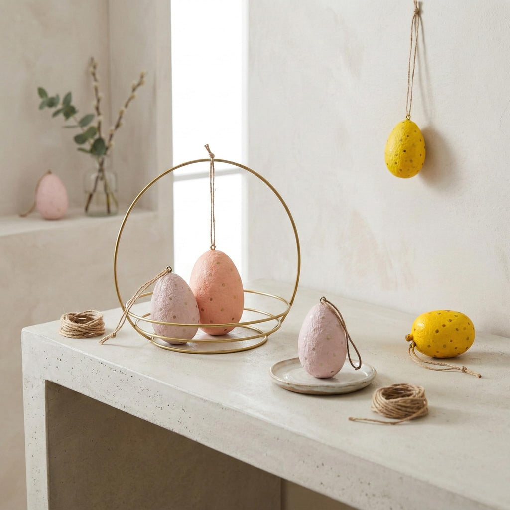 Handmade Paper Mâché Easter Egg Hanging Decorations – Pastel Speckled Easter Tree Ornaments for Spring & Easter Home Décor (Set of 6, 8cm)
