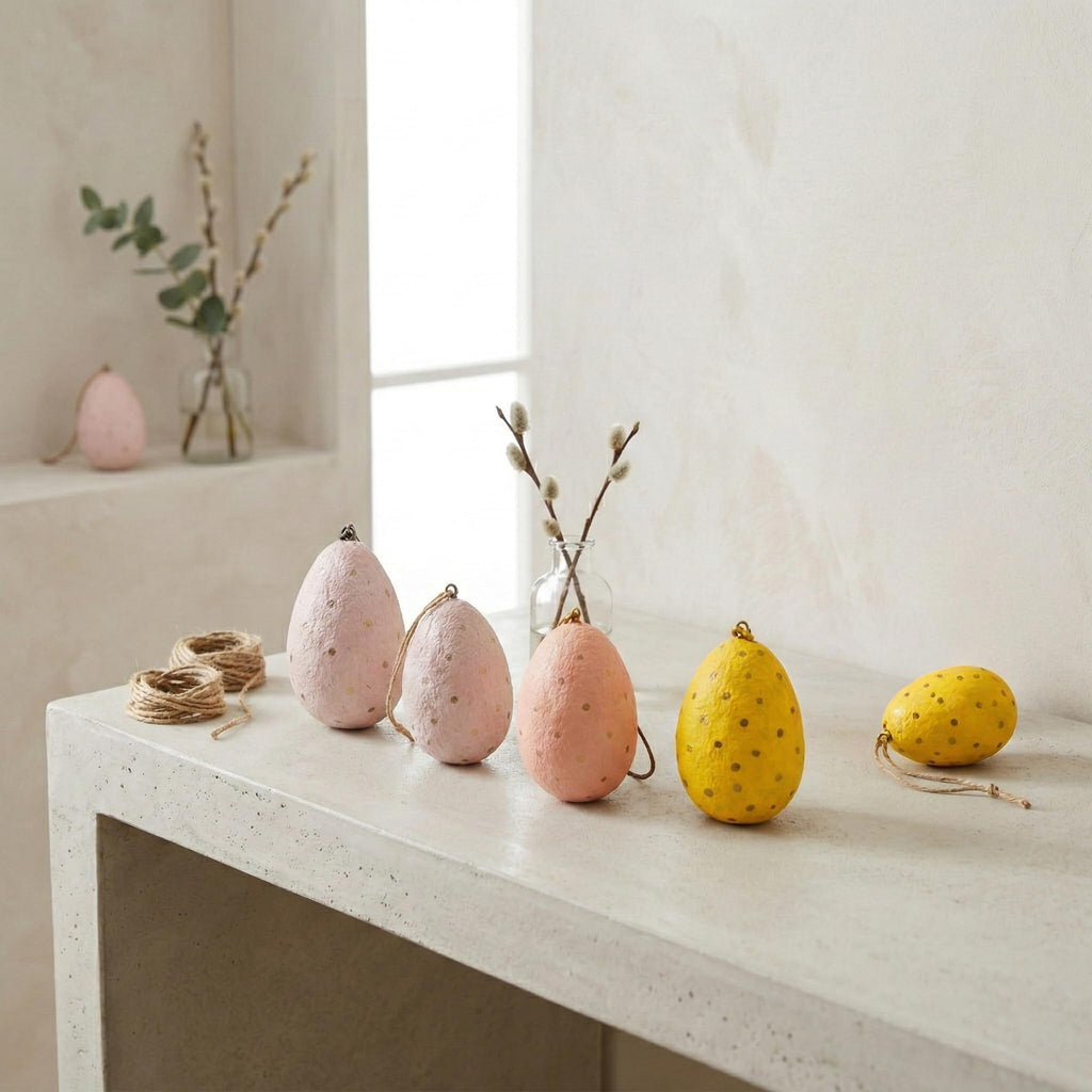 Handmade Paper Mâché Easter Egg Hanging Decorations – Pastel Speckled Easter Tree Ornaments for Spring & Easter Home Décor (Set of 6, 8cm)