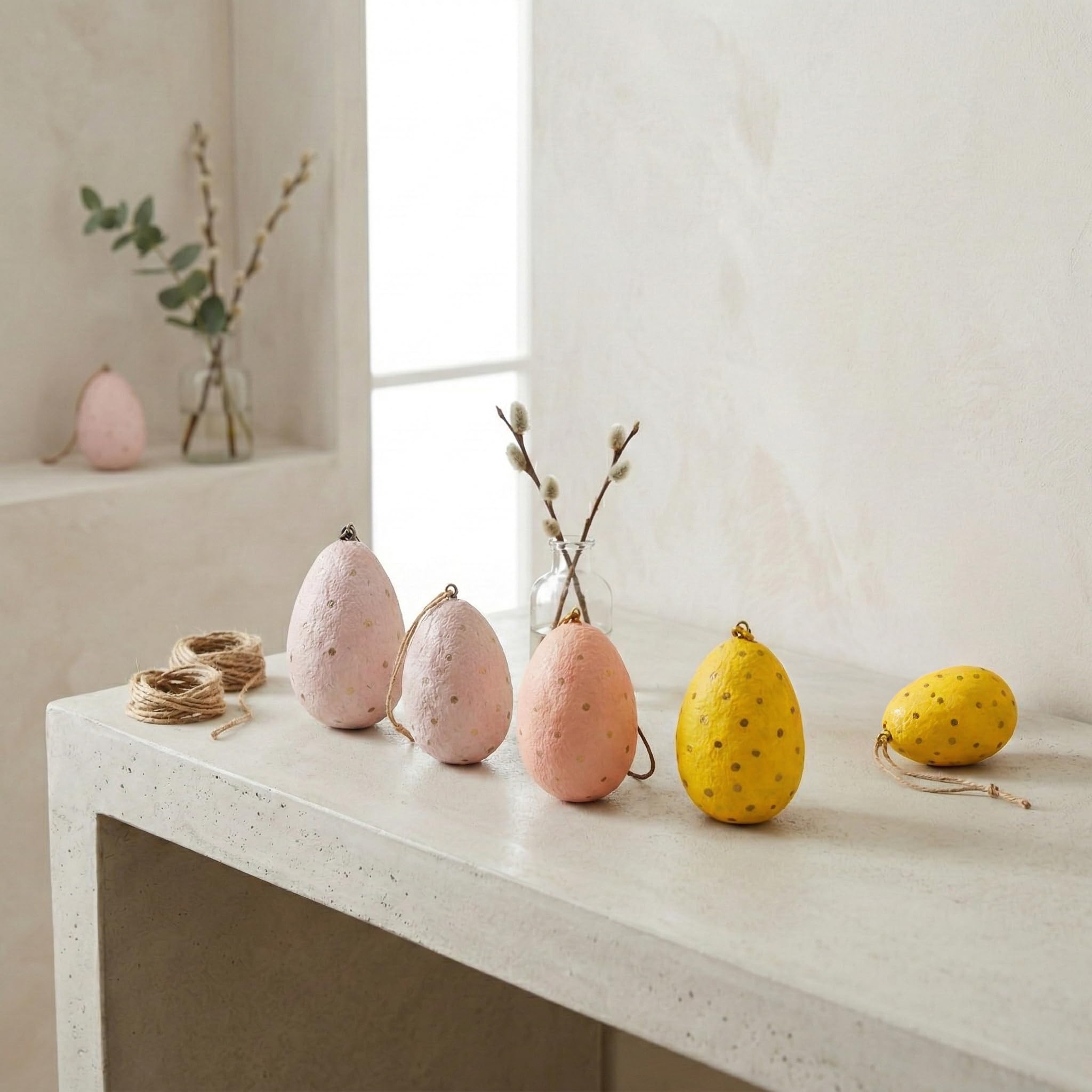 Handmade Paper Mâché Easter Egg Hanging Decorations – Pastel Speckled Easter Tree Ornaments for Spring & Easter Home Décor (Set of 6, 8cm)
