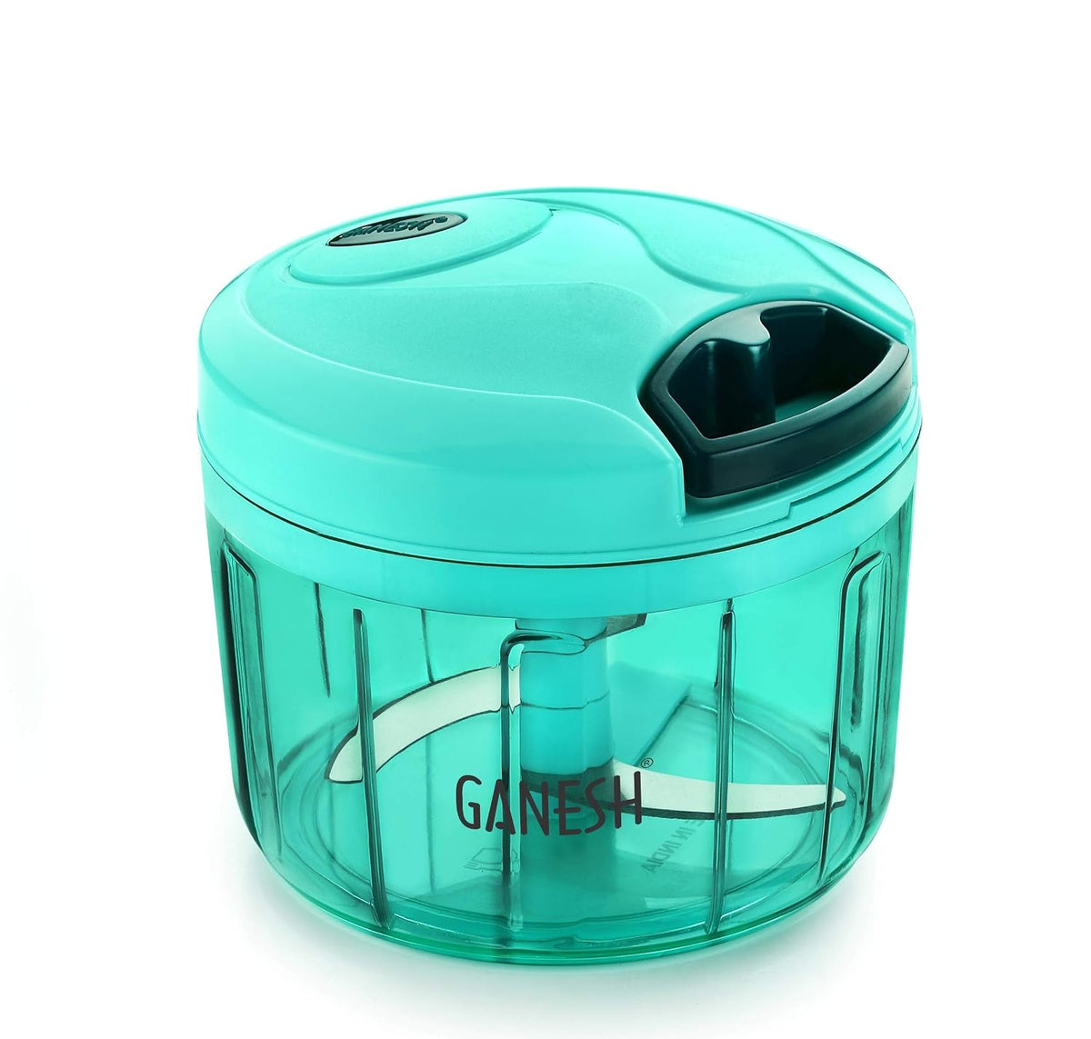 Ganesh Quick Chopper on white: turquoise lid, clear tinted bowl, black pull handle and curved blades