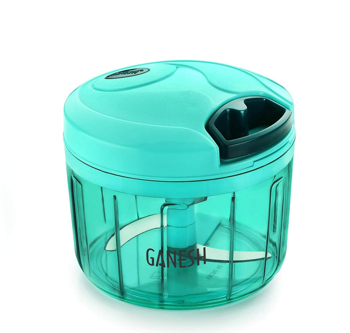 Ganesh Quick Chopper on white: turquoise lid, clear tinted bowl, black pull handle and curved blades