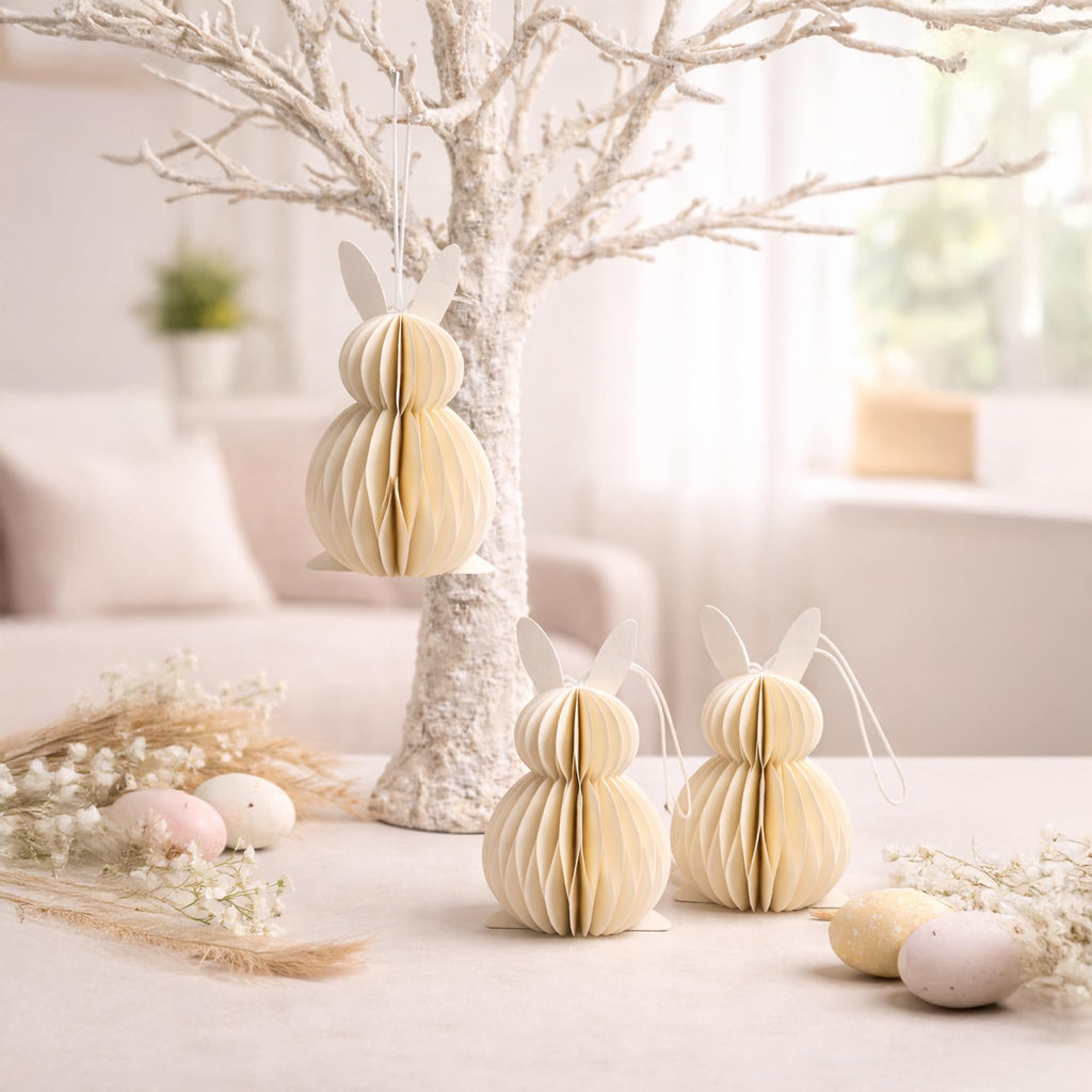 Honeycomb Paper Bunny Hanging Decorations – Set of 3 Easter Rabbit Ornaments for Spring Tree & Home Décor