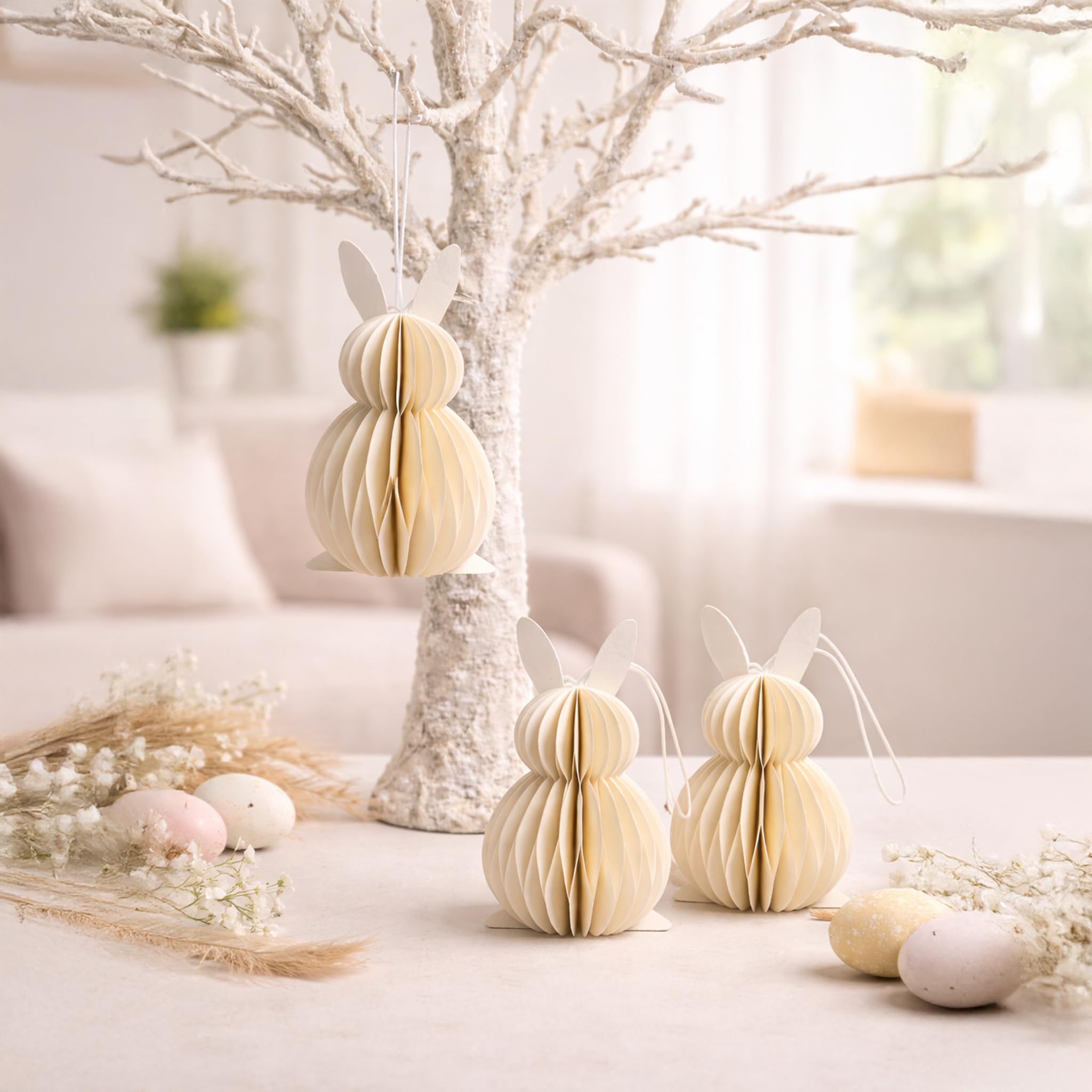 Honeycomb Paper Bunny Hanging Decorations – Set of 3 Easter Rabbit Ornaments for Spring Tree & Home Décor